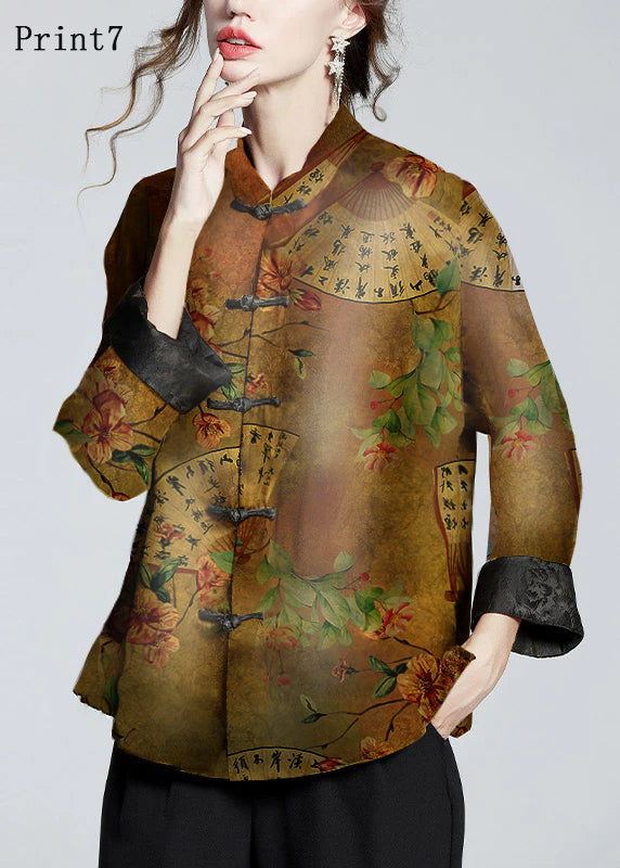 Chinese Style Print2 Stand Collar Button Print Silk Coats Long Sleeve Ada Fashion