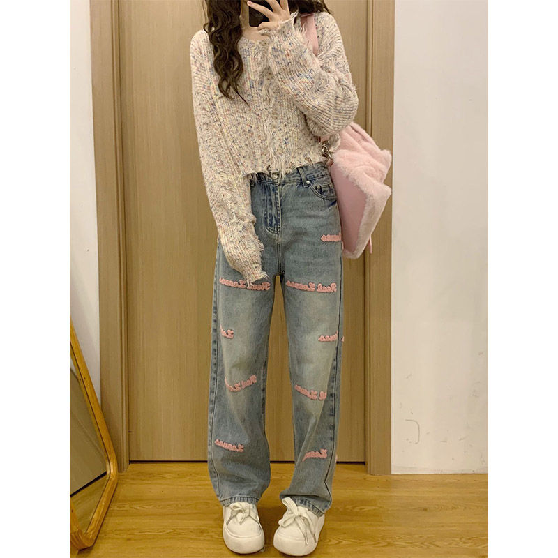 Retro Pink Embroidery Jeans LY4175 - fabuloryshop