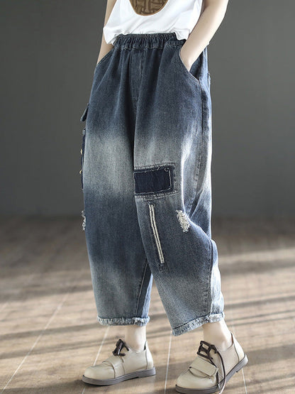 Vintage Hollow Elasticity Applique Denim Ninth Pants LY3921 - fabuloryshop