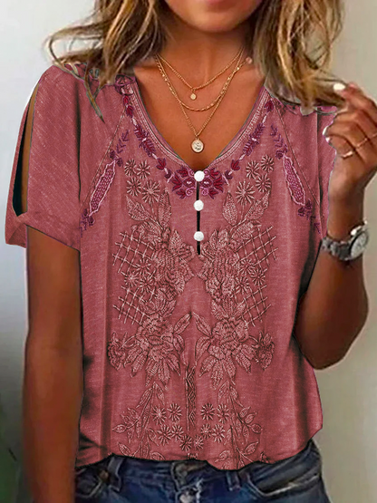 Casual V Neck Ethnic Buttoned Shirt  QH66 - fabuloryshop