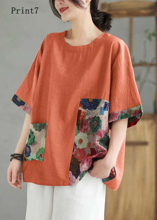 Women Orange O Neck Print Patchwork Linen T Shirt Top Summer LY5281 - fabuloryshop