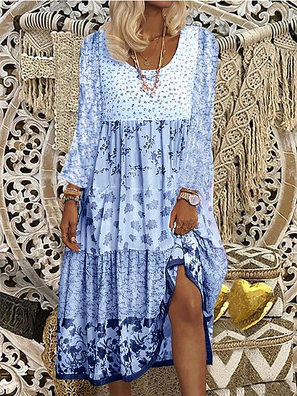 Floral Printed Long Sleeves Sweet Boho Weaving Dress  WE117 - fabuloryshop