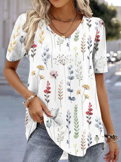 V Neck Casual Loose Floral Shirt  QR63 - fabuloryshop