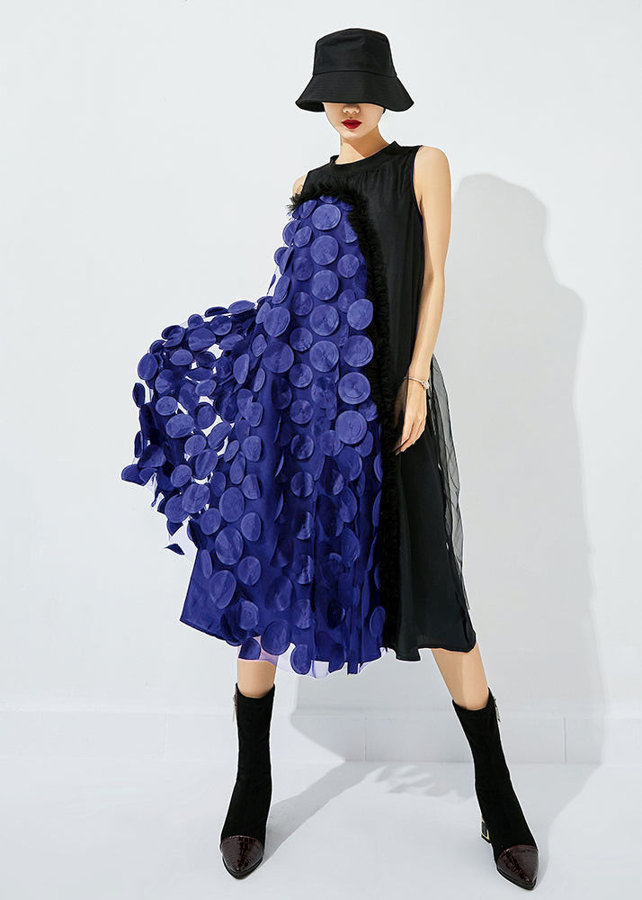 Bohemian Black-Blue Dot Asymmetrical Patchwork Wrinkled Tulle Maxi Dress Sleeveless LY0871 - fabuloryshop