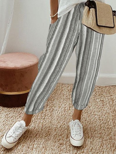 Country Casual Cotton And Linen Striped Loose Pants  WX94 - fabuloryshop