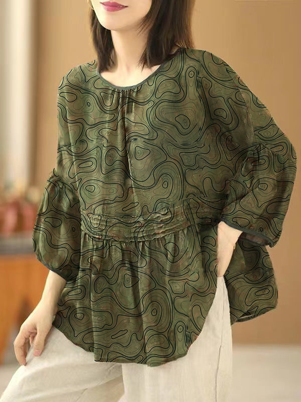 Handmade Green O Neck Print Wrinkled Patchwork Cotton Top Summer LY5302 - fabuloryshop