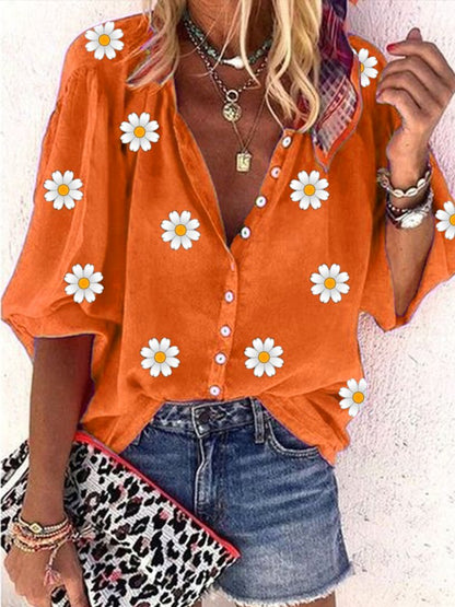 Casual Daisy Loose V neck Three Quarter Sleeve Blouse  WG64 - fabuloryshop