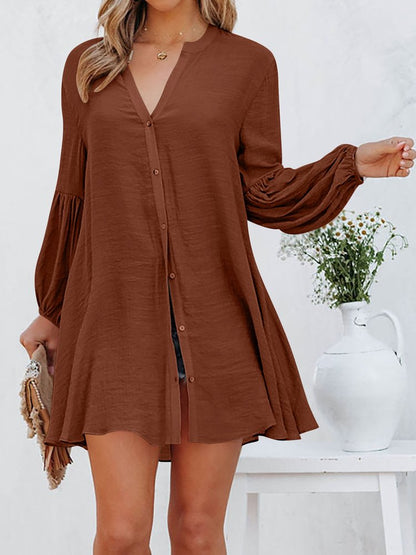 Loose V Neck Lantern Sleeve Urban Dress With No  WE84 - fabuloryshop