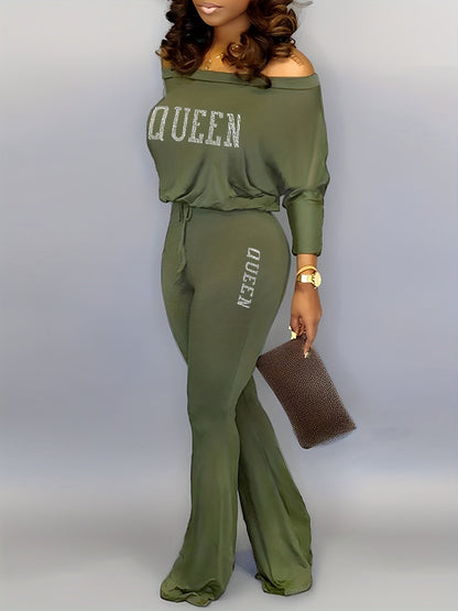 Solid Queen Print Off Shoulder Jumpsuit RE7125 Ada Fashion