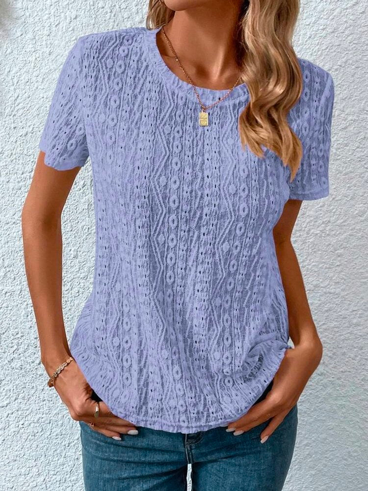 Loose Casual Crew Neck Solid Eyelet Embroidery Round Neck Tee  mm242 - fabuloryshop