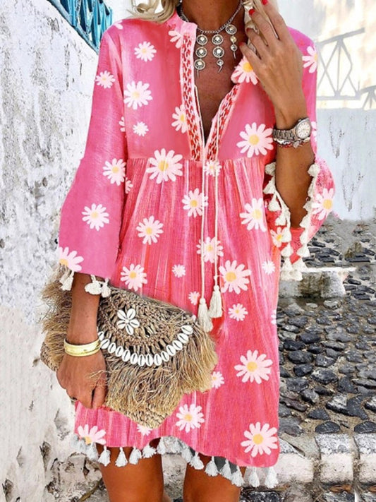 Women Boho Holiday Floral Tassel Sweet V Neck A-lined Midi Summer Weaving Dress  QU119 - fabuloryshop