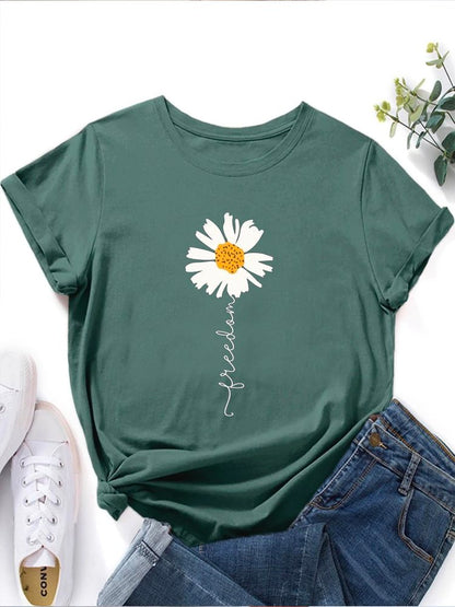 Crew Neck Floral Vacation Loose Floral &amp; Letter Graphic T-Shirt  cc180 - fabuloryshop