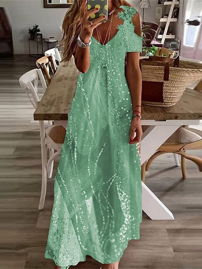 Abstract Casual Lace V Neck Maxi Dress  WT95 - fabuloryshop