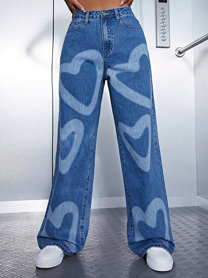 Urban Heart Shape Printed Wide Leg Denim Pants LY3966 - fabuloryshop