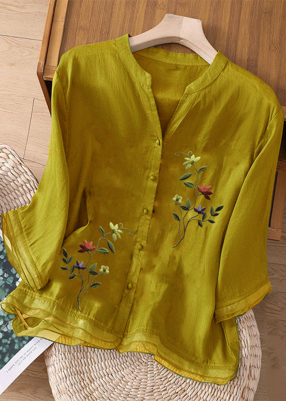 Chic Green Embroideried Button Patchwork Linen Top Bracelet Sleeve LY6920 Ada Fashion