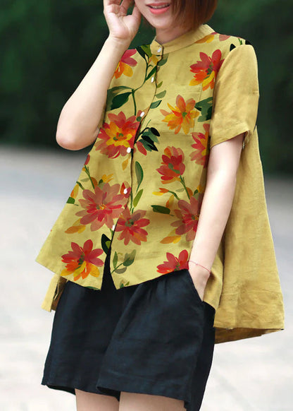 Yellow Dot Print Patchwork Linen Top Button Stand Collar Summer LY6172 - fabuloryshop