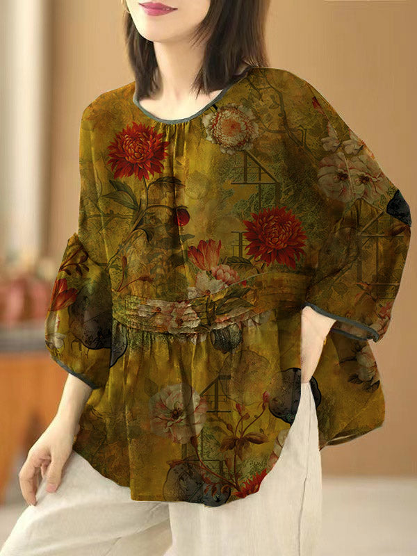 Handmade Green O Neck Print Wrinkled Patchwork Cotton Top Summer LY5302 - fabuloryshop