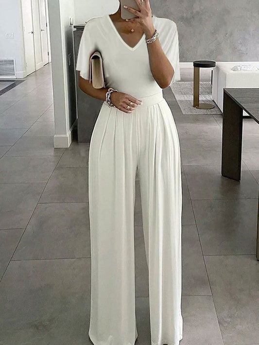 Women&#x27;s Jumpsuit Solid Color V Neck Elegant Office Daily Straight Regular Fit Half Sleeve Bell Sleeve White  QN107
