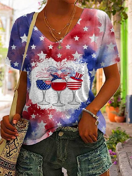 Loose America Flag Casual V Neck Women&#x27;S Star Wine Glass Print V-Neck Short-Sleeved T-Shirt  WG68 - fabuloryshop
