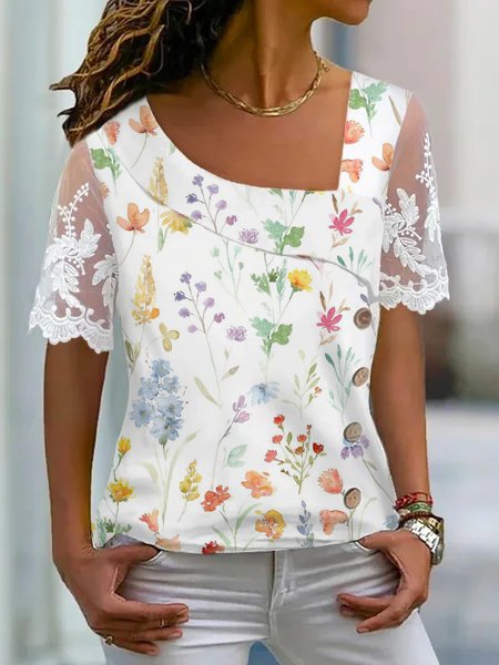 Lace Sleeve Casual Asymmetrical Floral Shirt  WS116 - fabuloryshop