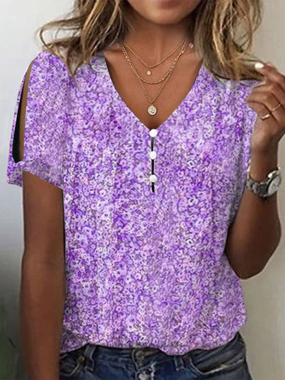 V Neck Floral Buttoned Elegant T-Shirt  cc170 - fabuloryshop