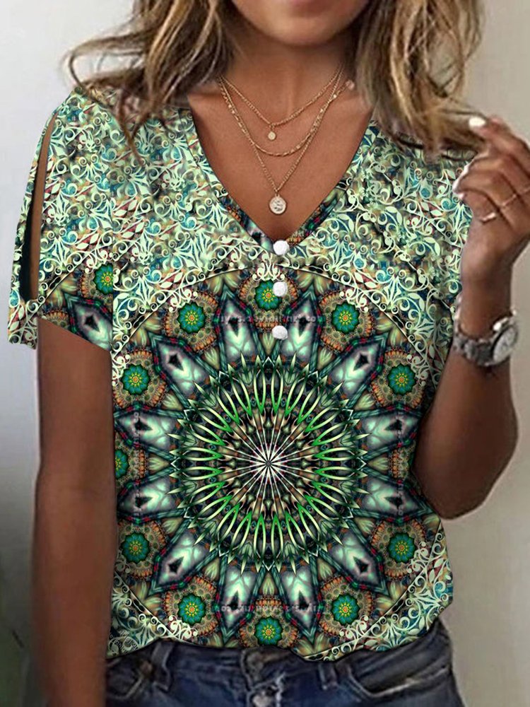 Casual V Neck Loose Ethnic T-Shirt  WG90