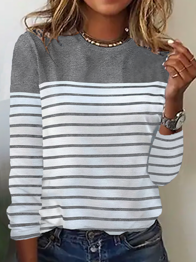 Crew Neck Striped Casual T-Shirt  WI95