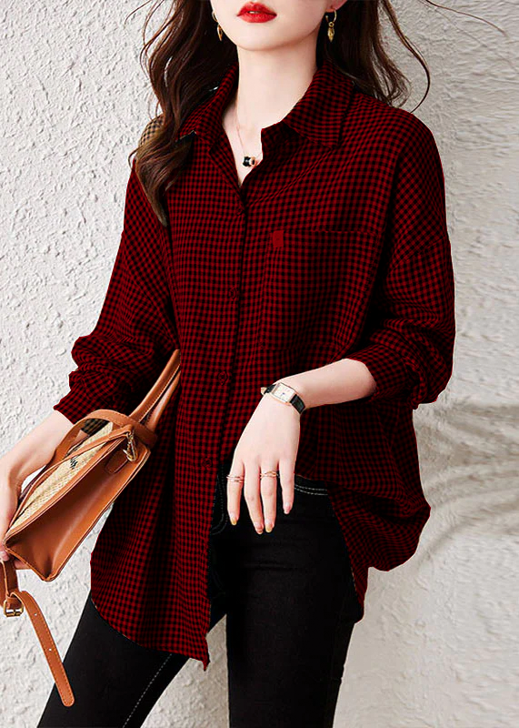 Oversized Plaid Peter Pan Collar Pockets Patchwork Cotton Shirts Long Sleeve Ada Fashion