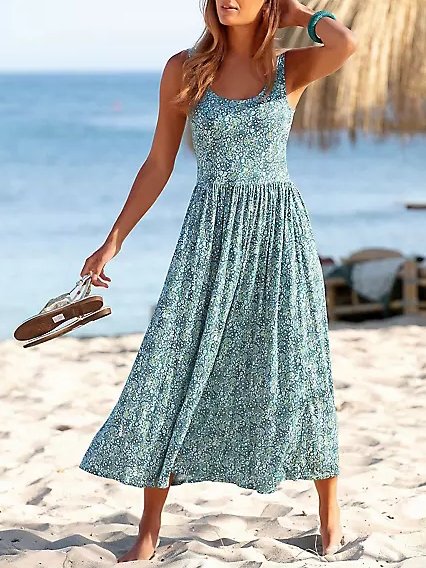 Ditsy Floral Print Elegant Vacation Beach Sleeveless Midi Dress  QPQ66 - fabuloryshop