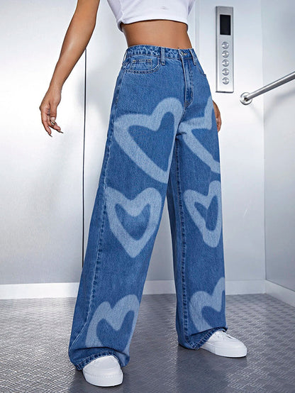 Urban Heart Shape Printed Wide Leg Denim Pants LY3966 - fabuloryshop