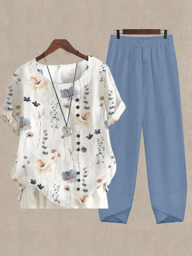 Country Floral Casual Cotton Top &amp; Cotton Pants Two-Piece Set  QF91 - fabuloryshop