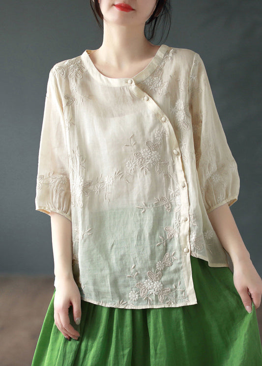 Apricot Embroideried Patchwork Linen Blouses O Neck Half Sleeve Ada Fashion