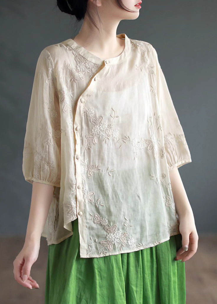 Apricot Embroideried Patchwork Linen Blouses O Neck Half Sleeve Ada Fashion