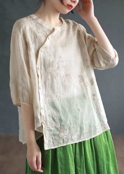 Apricot Embroideried Patchwork Linen Blouses O Neck Half Sleeve Ada Fashion