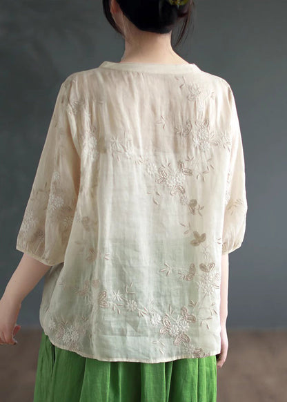 Apricot Embroideried Patchwork Linen Blouses O Neck Half Sleeve Ada Fashion