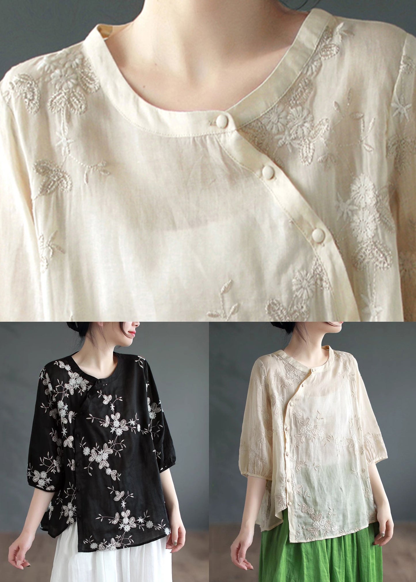 Apricot Embroideried Patchwork Linen Blouses O Neck Half Sleeve Ada Fashion