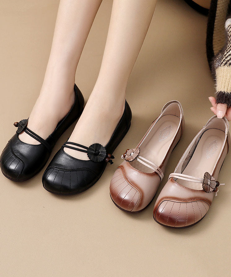 Apricot Flats Cowhide Leather Beautiful Buckle Strap Flat Shoes LC0509 - fabuloryshop