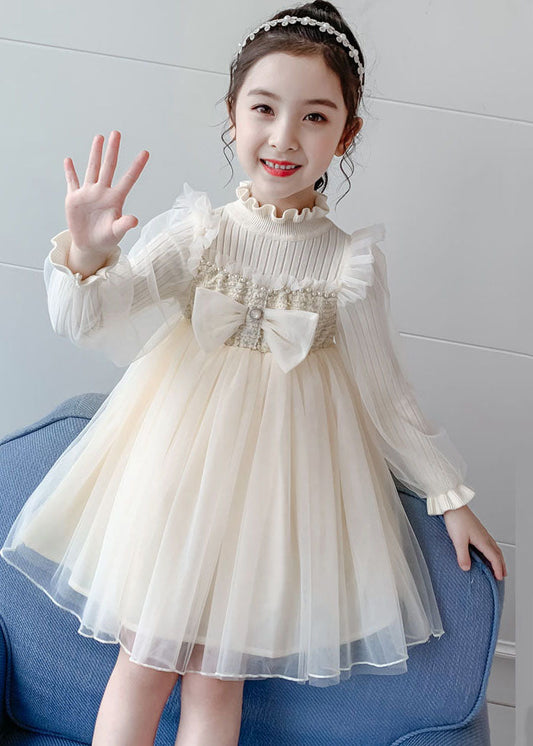 Apricot Nail bead Knit Patchwork Tulle Girls Long Dress Long Sleeve Ada Fashion