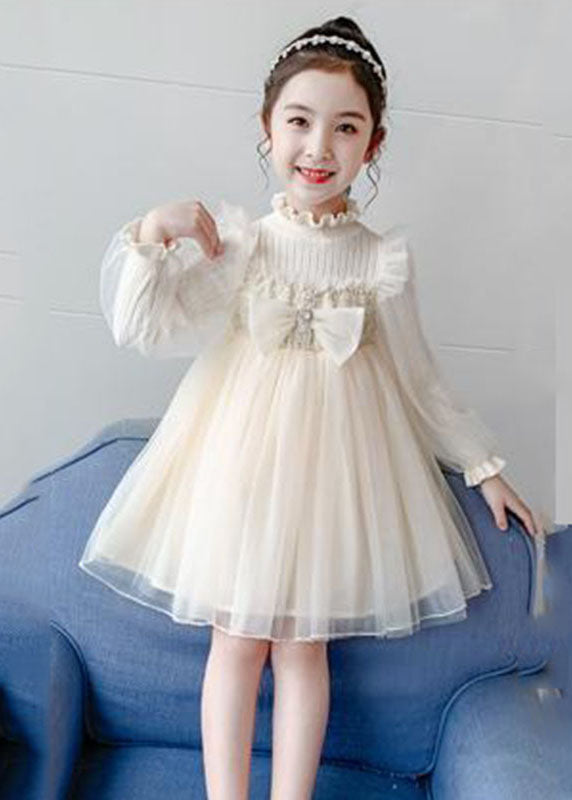 Apricot Nail bead Knit Patchwork Tulle Girls Long Dress Long Sleeve Ada Fashion