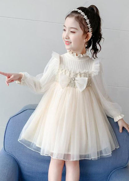 Apricot Nail bead Knit Patchwork Tulle Girls Long Dress Long Sleeve Ada Fashion