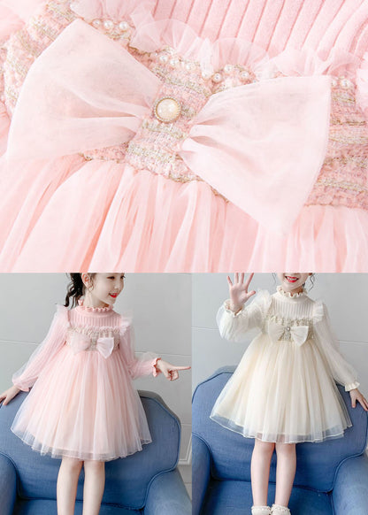 Apricot Nail bead Knit Patchwork Tulle Girls Long Dress Long Sleeve Ada Fashion