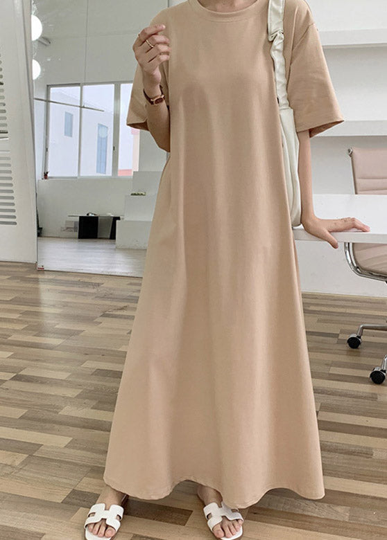 Apricot O-Neck Cozy Cotton Long Dresses Short Sleeve LY2108 - fabuloryshop