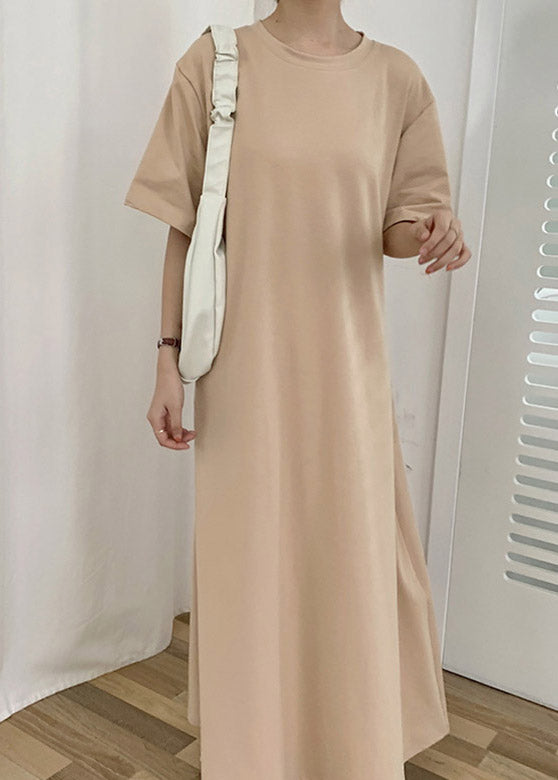 Apricot O-Neck Cozy Cotton Long Dresses Short Sleeve LY2108 - fabuloryshop