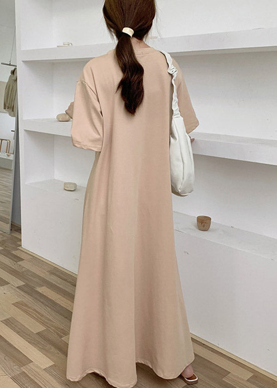 Apricot O-Neck Cozy Cotton Long Dresses Short Sleeve LY2108 - fabuloryshop