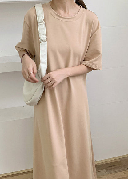 Apricot O-Neck Cozy Cotton Long Dresses Short Sleeve LY2108 - fabuloryshop