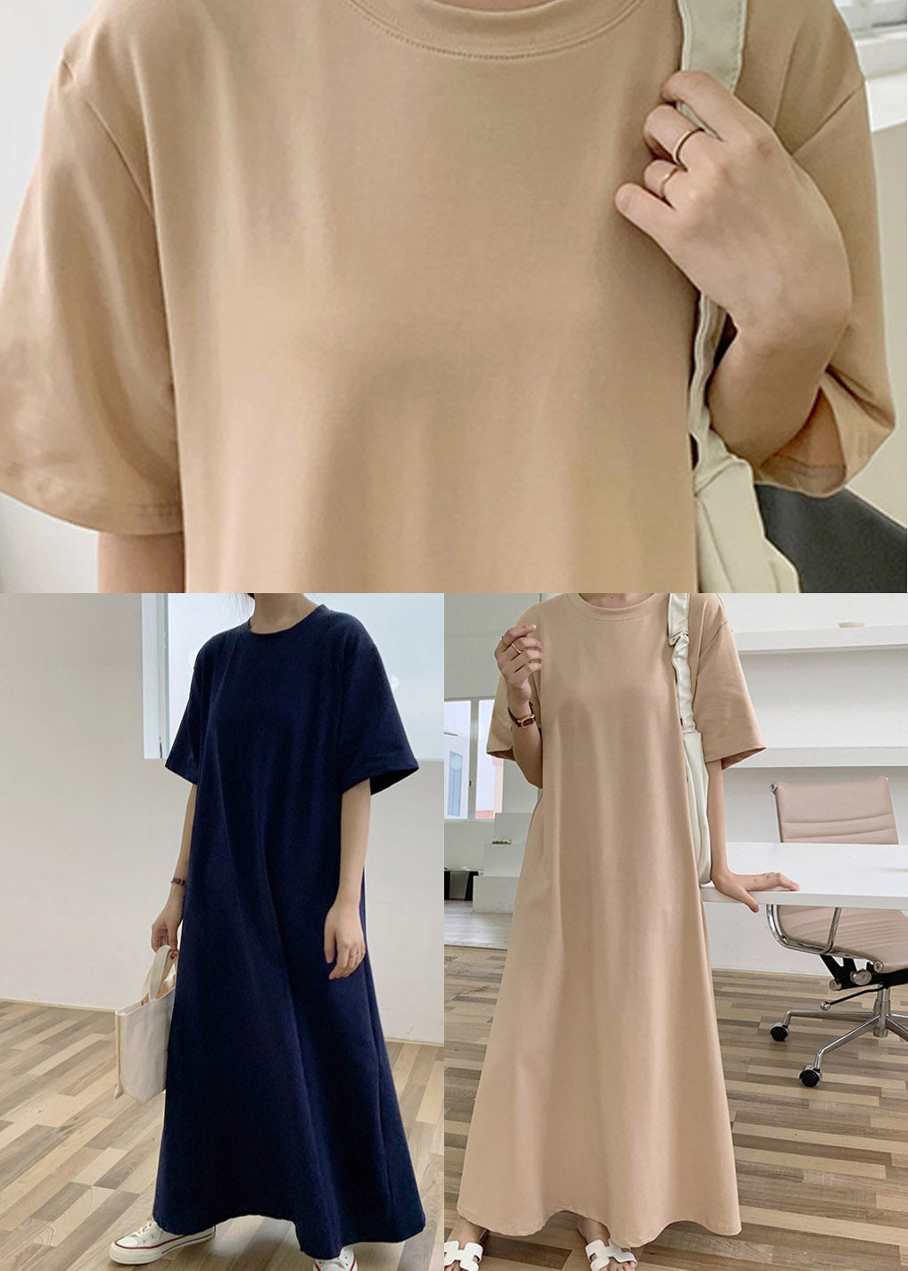 Apricot O-Neck Cozy Cotton Long Dresses Short Sleeve LY2108 - fabuloryshop