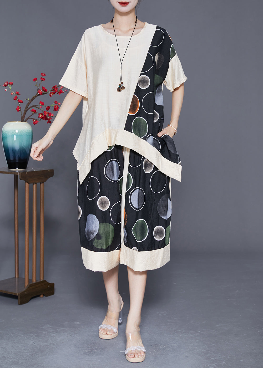 Apricot Patchwork Cotton Two Pieces Set Oversized Asymmetrical Design Summer LY3617 - fabuloryshop