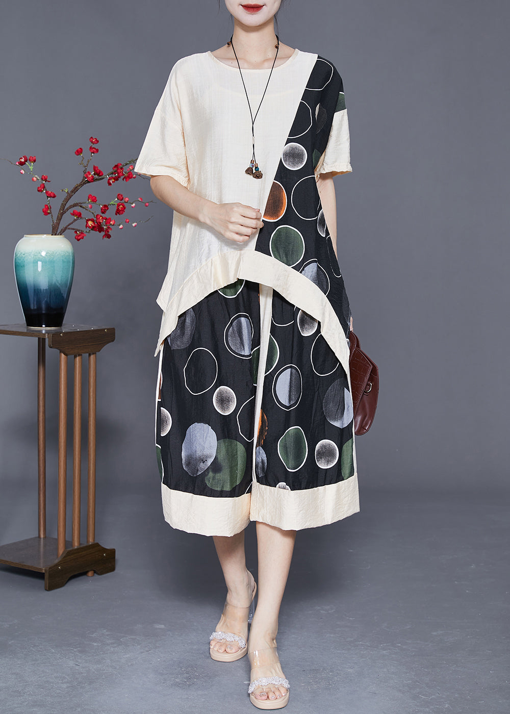 Apricot Patchwork Cotton Two Pieces Set Oversized Asymmetrical Design Summer LY3617 - fabuloryshop