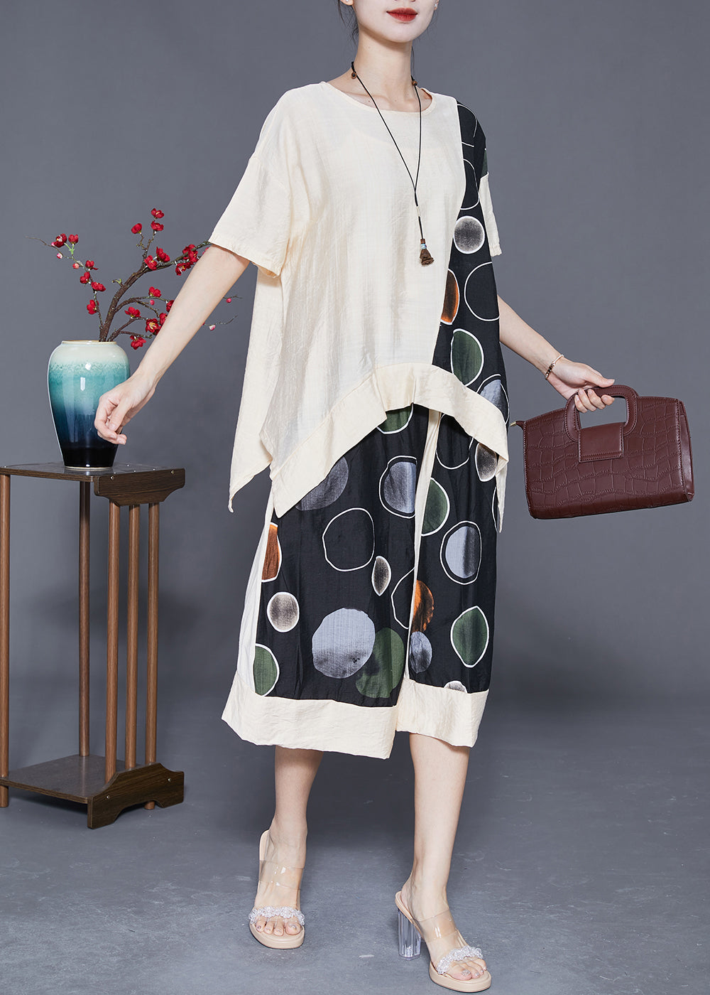 Apricot Patchwork Cotton Two Pieces Set Oversized Asymmetrical Design Summer LY3617 - fabuloryshop