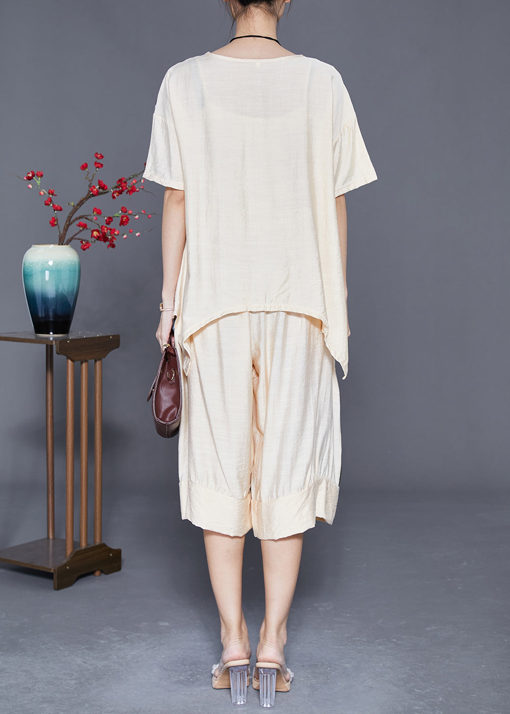 Apricot Patchwork Cotton Two Pieces Set Oversized Asymmetrical Design Summer LY3617 - fabuloryshop